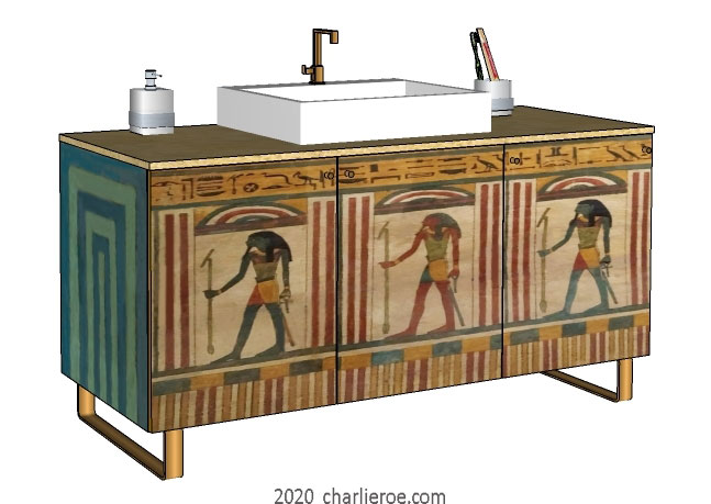 New ancient Egyptian Revival style painted 3 door bathroom vanity unit with typical painted Egyptian figures and heiroglyphs on sledge feet