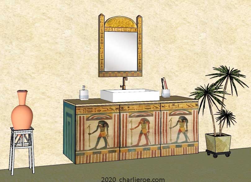 New ancient Egyptian Revival style painted 3 door bathroom vanity unit with typical painted Egyptian figures and heiroglyphs on sledge feet