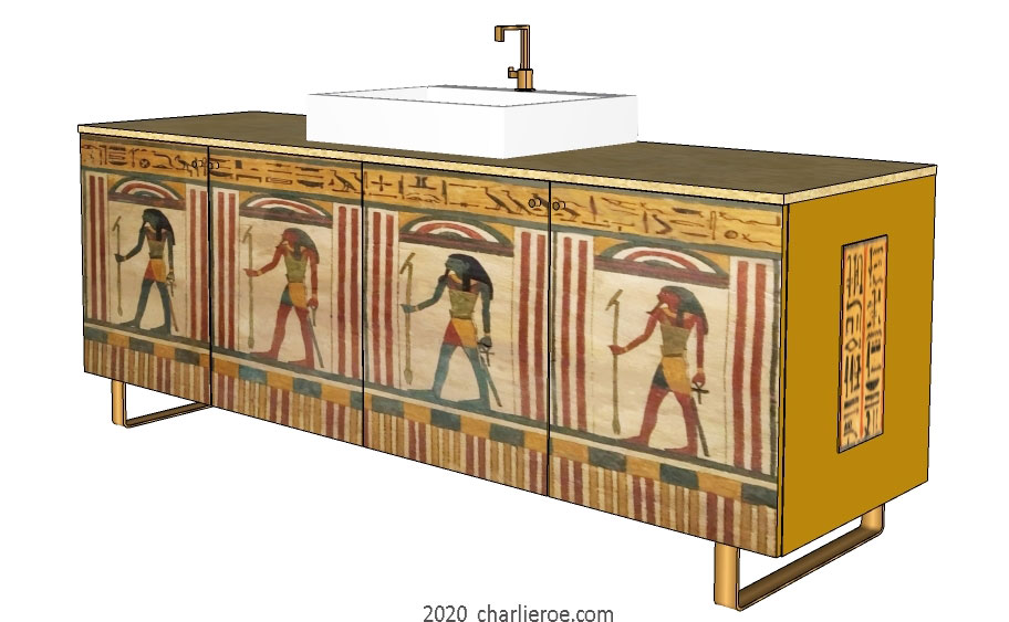 New ancient Egyptian Revival style painted 4 door bathroom vanity unit with typical painted Egyptian figures and heiroglyphs on sledge feet
