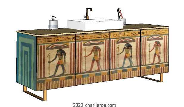 New ancient Egyptian Revival style painted 4 door bathroom vanity unit with typical painted Egyptian figures and heiroglyphs on sledge feet