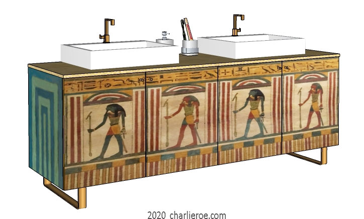 New ancient Egyptian Revival style painted 4 door bathroom vanity unit with typical painted Egyptian figures and heiroglyphs on sledge feet