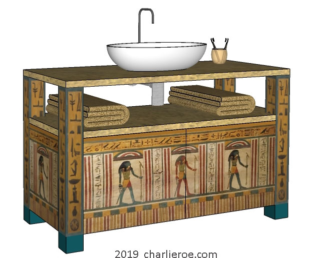 New Ancient Egyptian Revival Style Painted 3 Door Bathroom Vanity Unit With Stele Ends Decorative Egyptian Painting