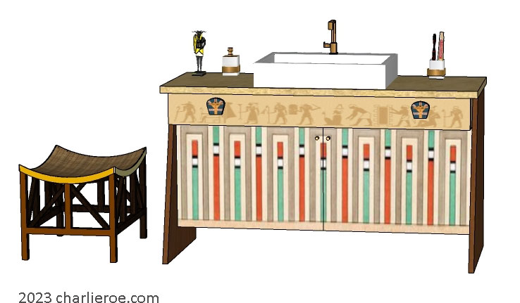 New ancient Egyptian Revival style large 2 door bathroom vanity unit with sloped sides & painted decorative Egyptian painting