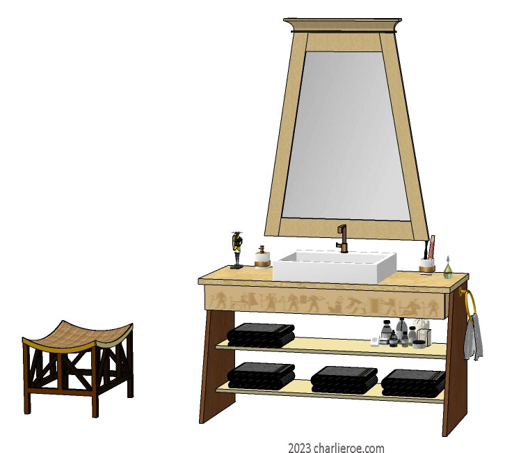 New ancient Egyptian Revival style painted large 2 door bathroom vanity unit with sloped sides & decorative Egyptian painting with matching painted Pylon shape wall mirror