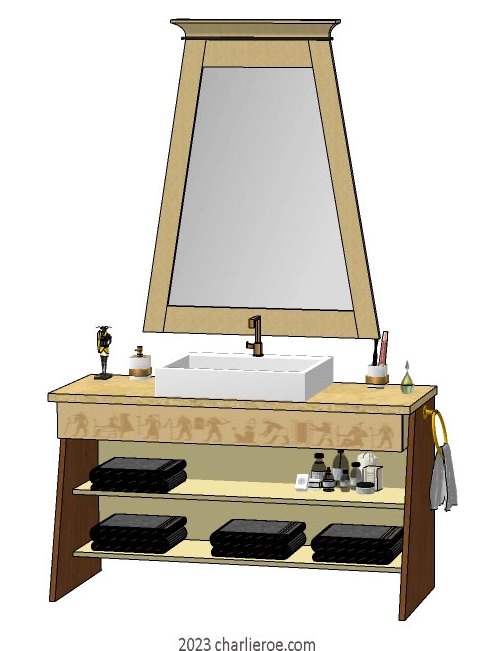 New ancient Egyptian Revival style painted large 2 door bathroom vanity unit with sloped sides & decorative Egyptian painting with matching painted Pylon shape wall mirror