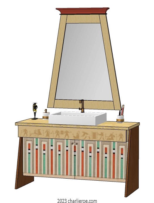 New ancient Egyptian Revival style painted large 2 door bathroom vanity unit with sloped sides & decorative Egyptian painting with matching painted Pylon shape wall mirror