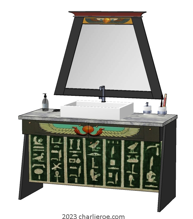 New ancient Egyptian Revival style large bathroom vanity unit with mirror & typical painted Egyptian figures and heiroglyphs