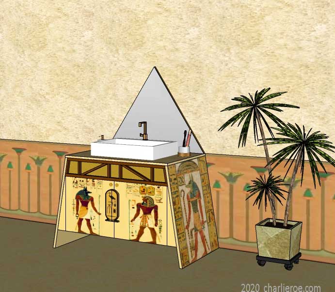 New ancient Egyptian Revival style painted bathroom vanity unit with pyramid mirror & typical painted Egyptian figures and heiroglyphs on sledge feet