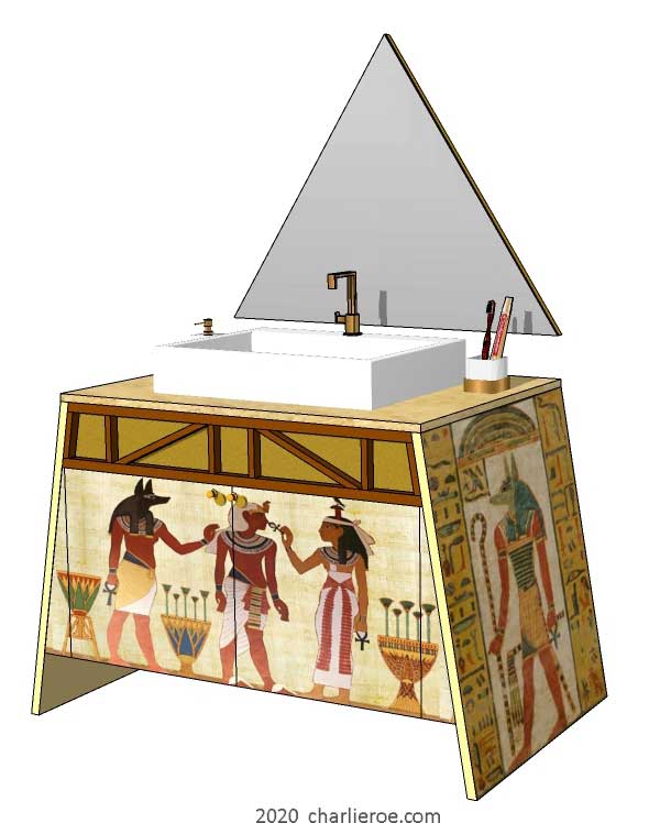 New ancient Egyptian Revival style painted bathroom vanity unit with pyramid mirror & typical painted Egyptian figures and heiroglyphs
