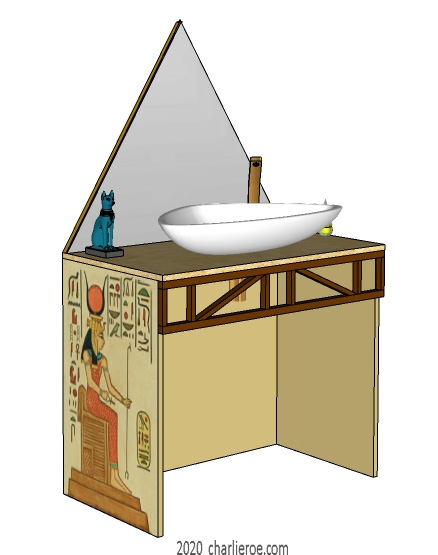 New ancient Egyptian Revival style painted bathroom vanity unit with pyramid mirror & typical painted Egyptian figures and heiroglyphs