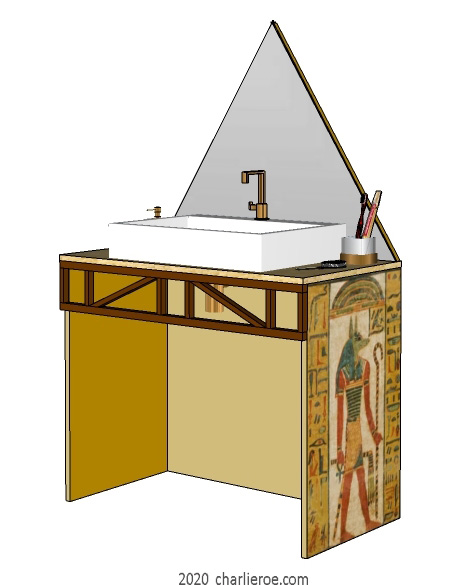 New ancient Egyptian Revival style painted bathroom vanity unit with pyramid mirror & typical painted Egyptian figures and heiroglyphs