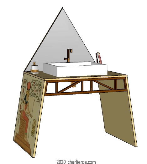 New ancient Egyptian Revival style painted bathroom vanity unit with pyramid mirror & typical painted Egyptian figures and heiroglyphs