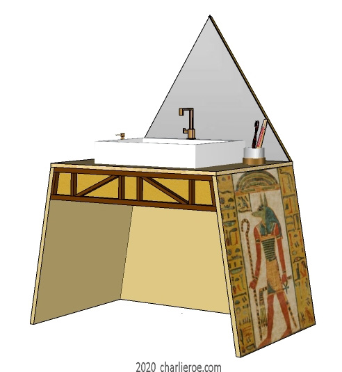 New ancient Egyptian Revival style painted bathroom vanity unit with pyramid mirror & typical painted Egyptian figures and heiroglyphs