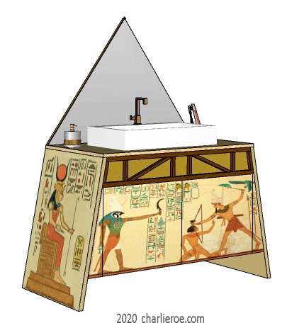 New ancient Egyptian Revival style painted bathroom vanity unit with pyramid mirror & typical painted Egyptian figures and heiroglyphs
