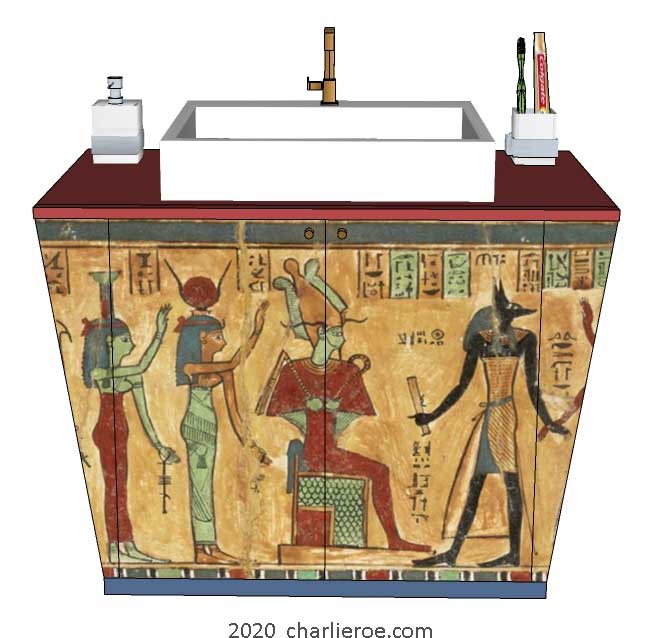 New ancient Egyptian Revival style painted bathroom vanity unit with typical painted Egyptian figures and heiroglyphs