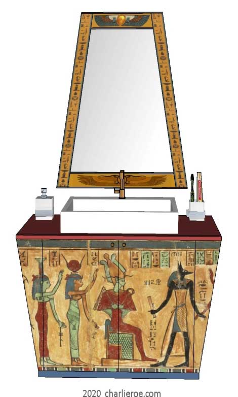 New ancient Egyptian Revival style painted 2 door bathroom vanity unit with sloped sides & Pylon shaped wall mirror & decorative Egyptian painting