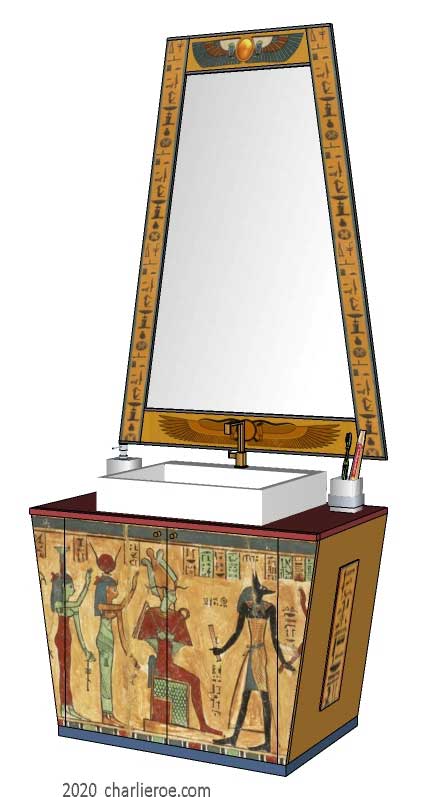 New ancient Egyptian Revival style painted 2 door bathroom vanity unit with sloped sides & Pylon shaped wall mirror & decorative Egyptian painting