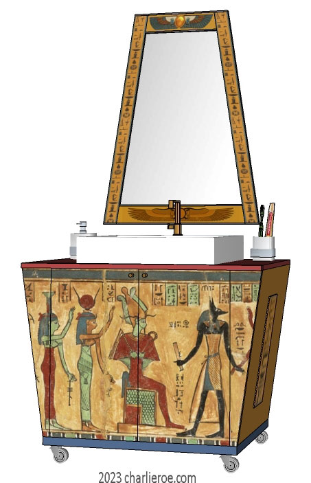 New ancient Egyptian Revival style painted 2 door bathroom vanity unit with sloped sides & Pylon shaped wall mirror & decorative Egyptian painting on castors for a more contemporary look