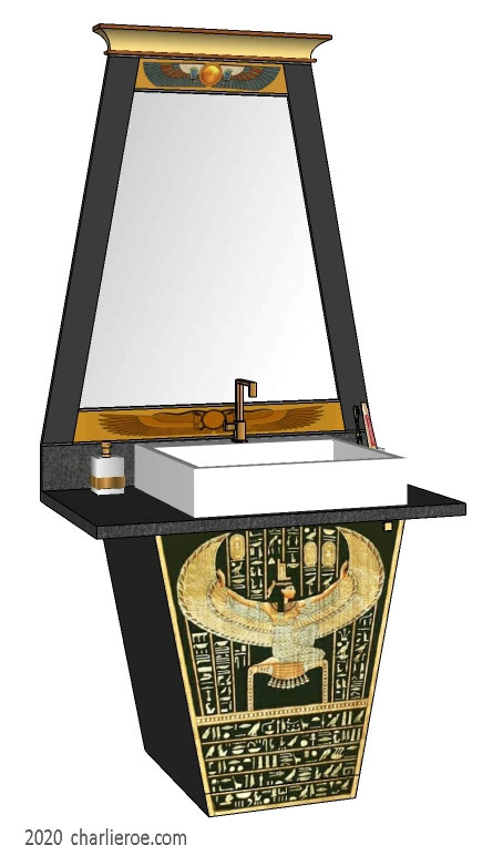 New ancient Egyptian Revival style painted bathroom vanity unit with sloped sides & decorative Egyptian painting