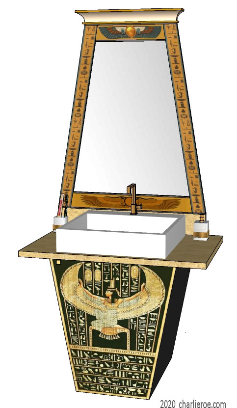 New ancient Egyptian Revival style painted 2 door bathroom vanity unit with sloped sides & decorative Egyptian painting