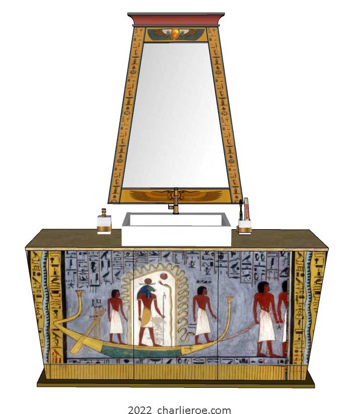 New ancient Egyptian Revival style painted 3 door bathroom vanity unit with sloped sides & decorative Egyptian painting with a matching wall mirror