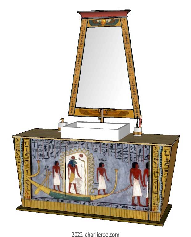 New ancient Egyptian Revival style painted 3 door bathroom vanity unit with sloped sides & decorative Egyptian painting with a matching wall mirror