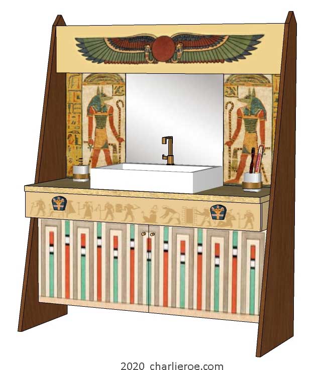 New ancient Egyptian Revival style large bathroom vanity unit with mirror & typical painted Egyptian figures and heiroglyphs