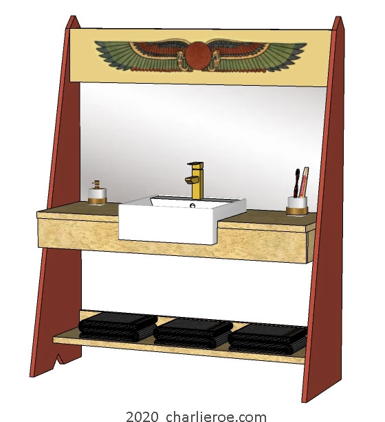 New ancient Egyptian Revival style painted large 2 door bathroom vanity unit with sloped sides & decorative Egyptian painting