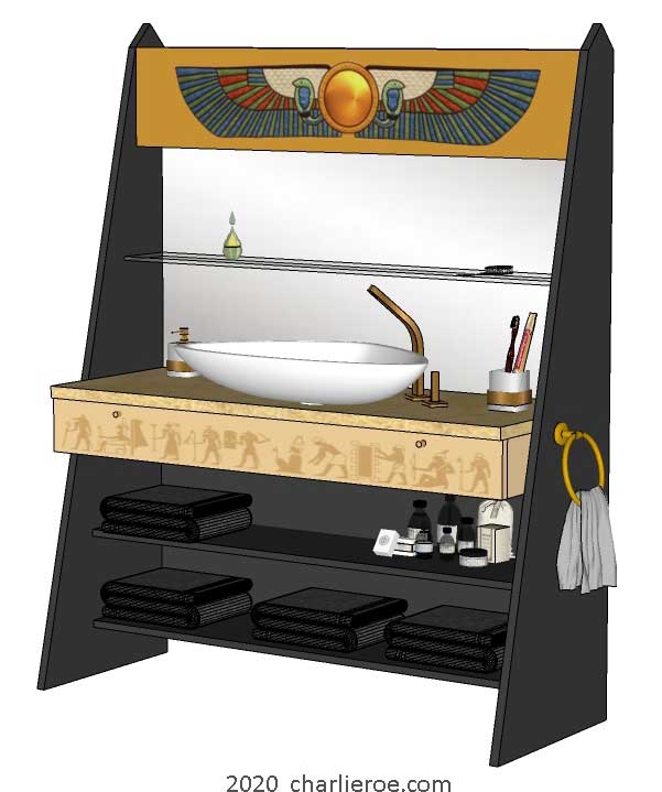 New ancient Egyptian Revival style painted large 2 door bathroom vanity unit with sloped sides & decorative Egyptian painting