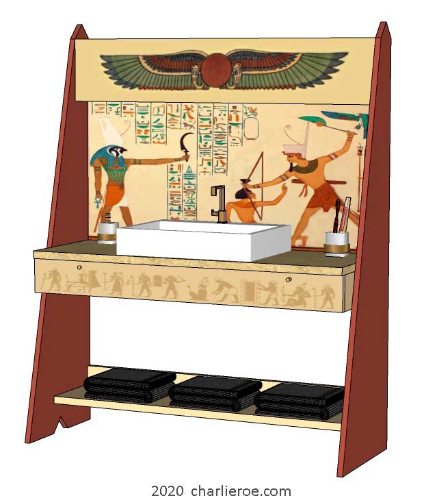 New ancient Egyptian Revival style painted large 2 door bathroom vanity unit with sloped sides & decorative Egyptian painting