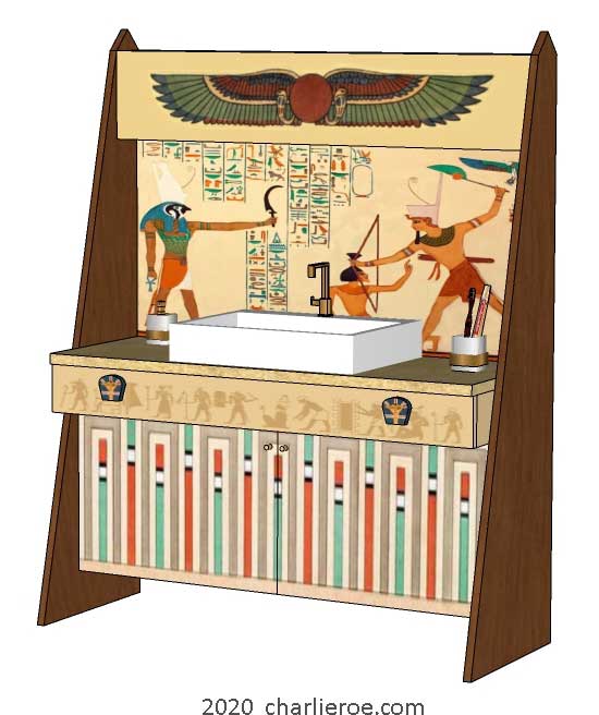 New ancient Egyptian Revival style painted large 2 door bathroom vanity unit with sloped sides & decorative Egyptian painting