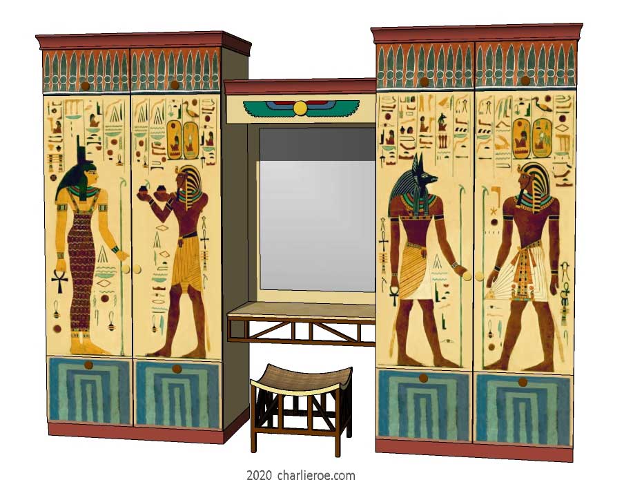 New Egyptian Revival style painted bedroom wardrobes with dressing table in the middle & decorative Egyptian painting