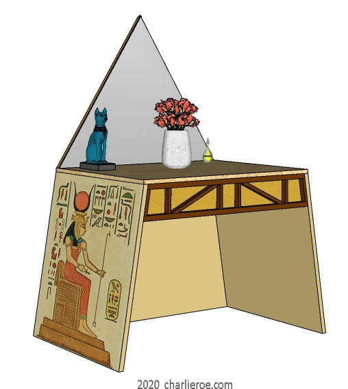 new ancient Egyptian Revival style dressing table with sloped sides & decorative egyptian painting & pyramid shaped mirror