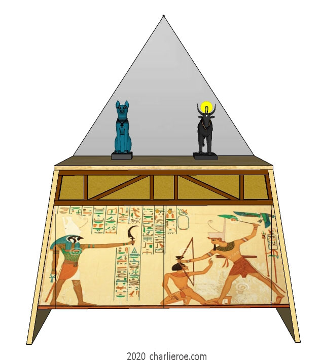 New Egyptian Revival style painted sideboard with pyramid shape mirror & decorative Egyptian painting