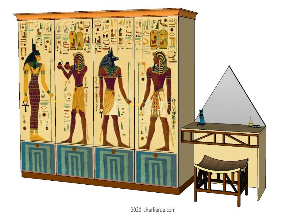 New Egyptian Revival style painted bedroom wardrobes with dressing table on the end of the wardrobes & decorative Egyptian painting