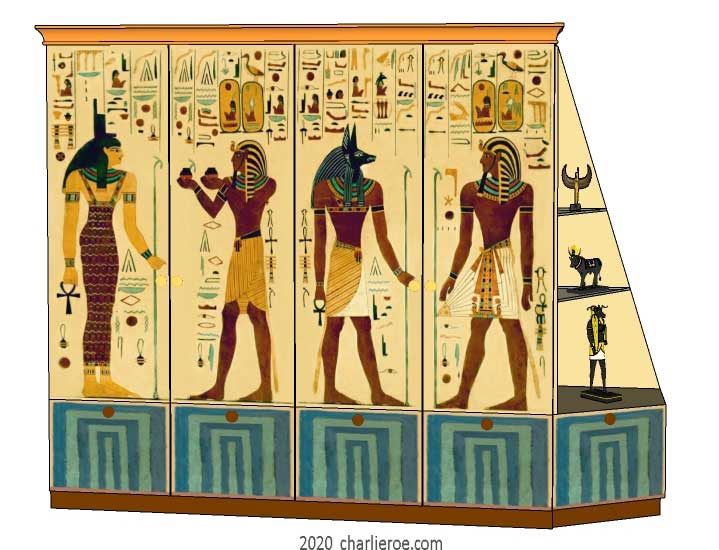 New Egyptian Revival style painted bedroom 4 door wardrobes with decorative Egyptian painting & end display unit