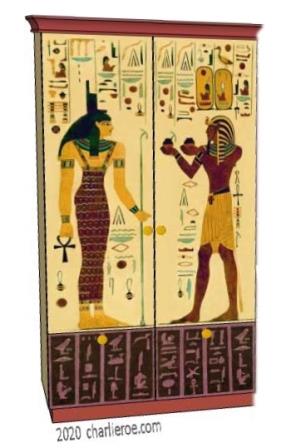 New Egyptian Revival style painted bedroom 2 door wardrobes with decorative Egyptian painting