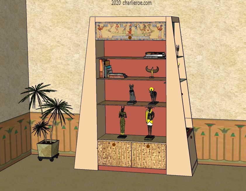 New Egyptian Revival style painted bookcase with sloped pylon style sides and decorative Egyptian painting