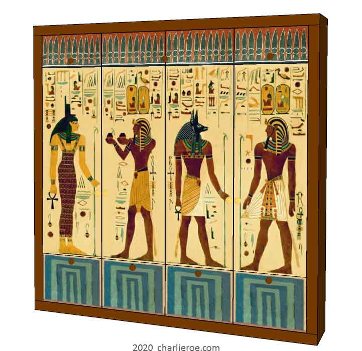 New Egyptian Revival style painted bookcase with brown or wood painted square frame and decorative Egyptian painting