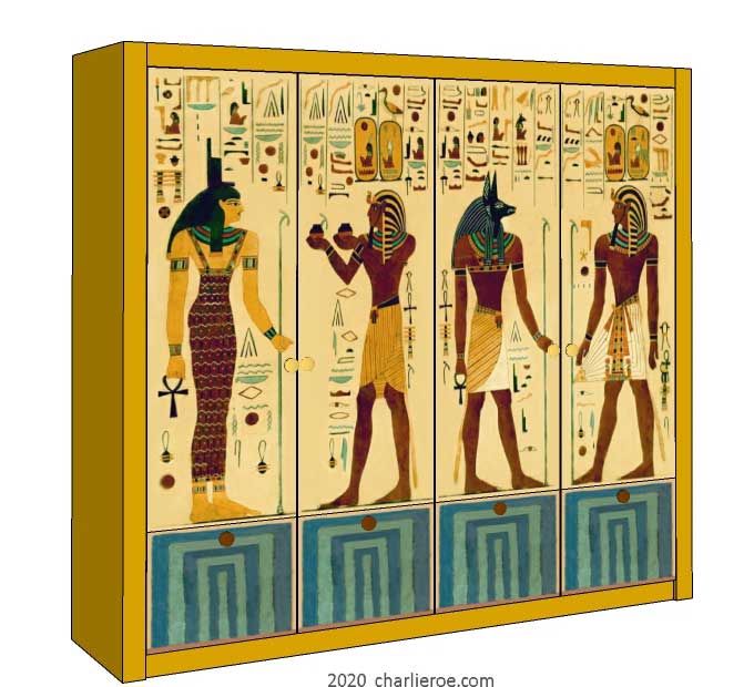 New Egyptian Revival style painted bookcase with ochre painted square frame and decorative Egyptian painting