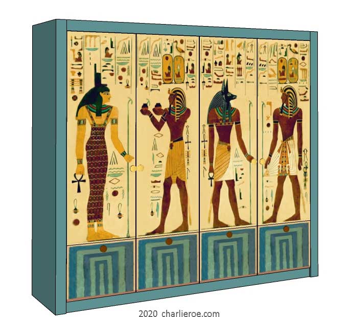 New Egyptian Revival style painted bookcase with blue painted square frame and decorative Egyptian painting