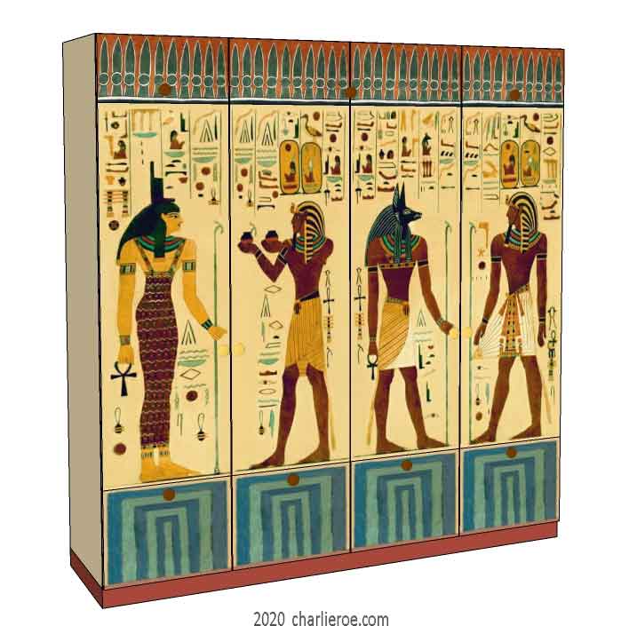 New Egyptian Revival style painted 4 door bedroom wardrobes with decorative Egyptian painting