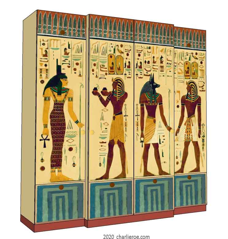New Egyptian Revival style painted 4 door bedroom wardrobes with decorative Egyptian painting