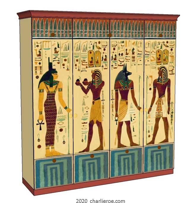 New Egyptian Revival style painted 4 door bedroom wardrobes with decorative Egyptian painting