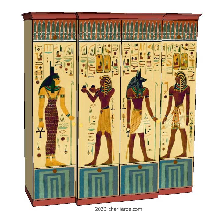 New Egyptian Revival style painted 4 door bedroom wardrobes with decorative Egyptian painting