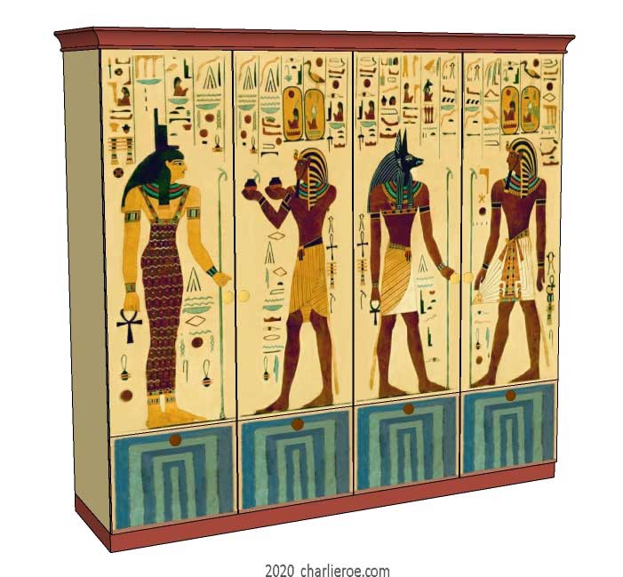 New Egyptian Revival style painted 4 door bedroom wardrobes with decorative Egyptian painting