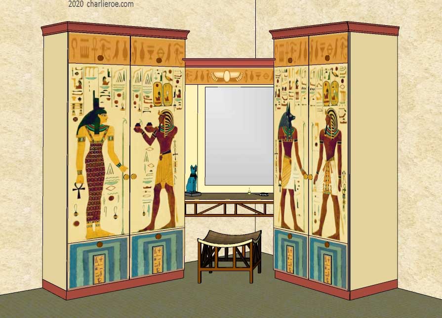 New Egyptian Revival style painted 4 door bedroom wardrobes with decorative Egyptian painting