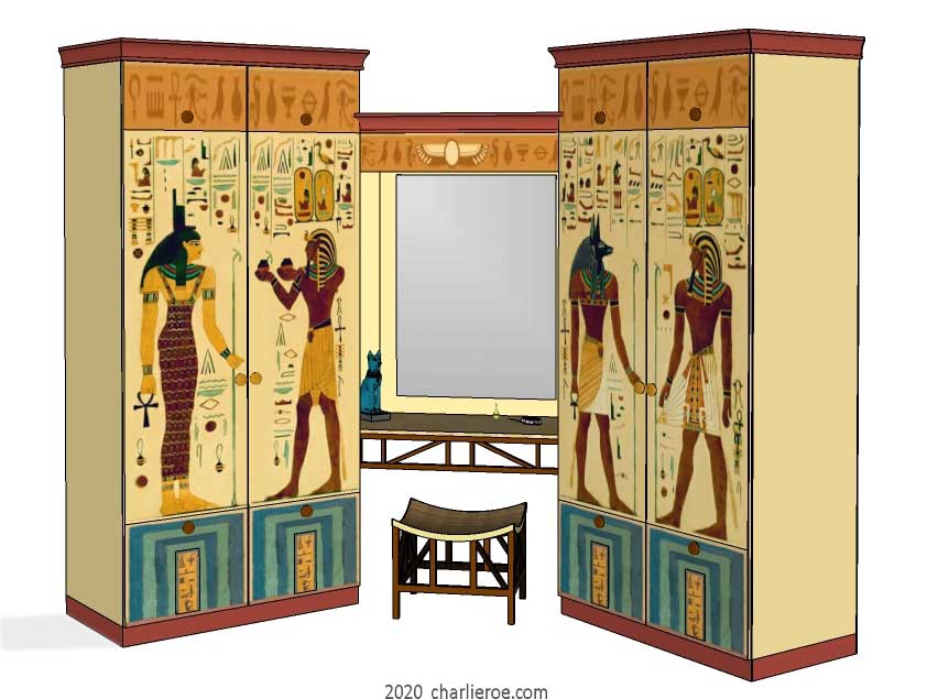 New Egyptian Revival style painted 4 door bedroom wardrobes with decorative Egyptian painting
