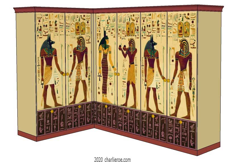 New Egyptian Revival style painted 6 door L shape corner bedroom wardrobes with decorative Egyptian painting