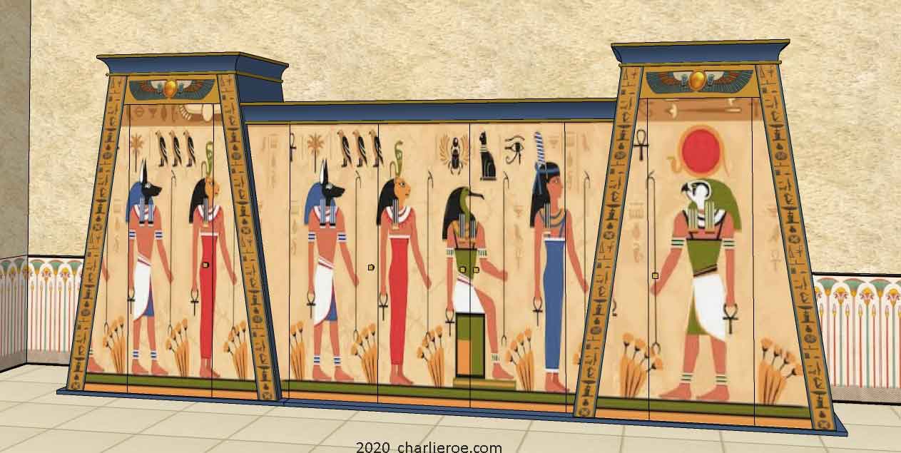 new ancient Egyptian Revival style painted wooden 5 door wardrobe with double Pylon shaped sections and decorative traditional style painting